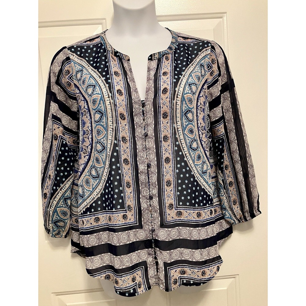 Lucky Brand Women's Sz Large Blue Aztec Boho Print Button Down Shirt Top